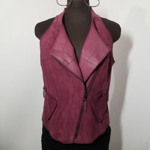 Worth Leather Moto Vest Stretch Back Gunmetal Zip Burgundy Maroon size 6